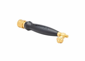 The Harris 1400084 HQA-4 Inferno Air-Fuel A-Hose Quick Connect Torch Handle features a brass and black design, cylindrical HARRIS grip, two brass knobs, and A-hose connections for welding or cutting tools. Plain white background.