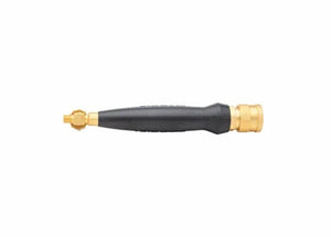 The Harris 1400084 HQA-4 Inferno Air-Fuel A-Hose Quick Connect Torch Handle, featuring a gold-colored end cap and a black ergonomic grip, is displayed horizontally on a white background with the connection end to the left.