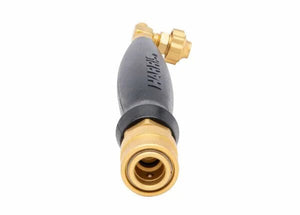 The Harris 1400084 HQA-4 Inferno Air-Fuel A-Hose Quick Connect Torch Handle is shown against a white background, highlighting its brass and black finish, visible circular opening, threading, and an attached valve extending backward.