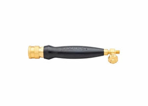 The Harris 1400084 HQA-4 Inferno Air-Fuel A-Hose Quick Connect Torch Handle is black and cylindrical with brass fittings, featuring an A-hose connection on the left and a valve with a round knob on the right, shown horizontally on a white background.