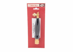 The Harris 1400084 HQA-4 Inferno Air-Fuel A-Hose Quick Connect Torch Handle has a brass body, black grip, and is packaged on a red card with the “Harris” logo. Features A-hose quick connections for welding or cutting tasks.
