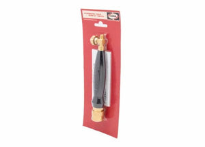 The Harris 1400084 HQA-4 Inferno Air-Fuel A-Hose Quick Connect Torch Handle, with a black grip and brass fittings, is shown vertically on red cardboard packaging with visible text and an instruction sheet behind the tool.