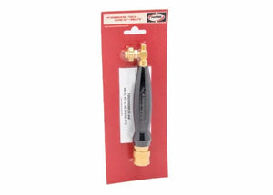 The Harris 1400084 HQA-4 Inferno Air-Fuel A-Hose Quick Connect Torch Handle features brass fittings and A-hose connections, a black cylindrical handle with metal pieces, and comes on a branded red and white hangable display card.