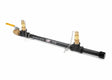 The Harris Model HSD 1/2 Double 5/8-14 RH Inert Gas Station Drop (4300811) is a black OSHA compliant CO2 manifold with brass fittings, end valves, yellow left lever handle, dual valve chains, and white MAX INLET 200 PSI CO2 text.