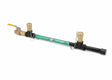 The Harris Model HSD 1/2 Double 7/8-14 RH Oxygen Station Drop (4300809) is a black and green metal manifold pipe labeled OXYGEN, with brass valves, shut-off valve, end caps, safety chains, and MAX INLET 300 PSI for oxy-fuel workstations.