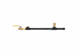 The Harris Model HSD 1/2 Single 7/8-14 LH Fuel Gas Station Drop (4300806) features a black metal gas line with brass fittings, a left-side yellow shut-off valve, pressure gauge, and capped valve with safety chain shown horizontally.