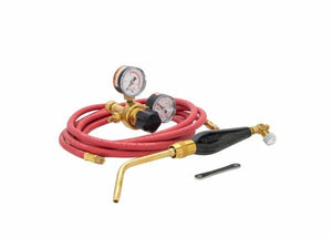 The Harris Model HSF-3 HAS-400 601-15-200A Screw Connect A hose Inferno Kit (4400091) includes an Inferno tip, red hose, dual gauges, brass/black nozzle, control knob, and metal wrench—arranged on a white background.