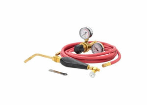The Harris Model HSF-3 HAS-400 601-15-200A Screw Connect A hose Inferno Kit (4400091) includes a red hose, brass welding torch with Inferno tip, attached regulators, HSF-3 handle, and metal tool on a white background.