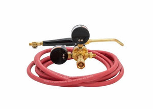 A red A hose coils around a brass torch with black handle, attached gauges, and curved nozzle. The Harris Model HSF-3 HAS-400 601-15-200A Inferno Kit includes a screw connect hose and Inferno tip for efficient welding or cutting.