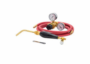 The Harris Model HSF-4 HAS-400 601-15-520A Inferno Kit features a red gas hose, brass torch handle, dual pressure gauges, and control knob with swirl combustion technology—ideal for welding, cutting, or brazing. Includes a small metal tool.