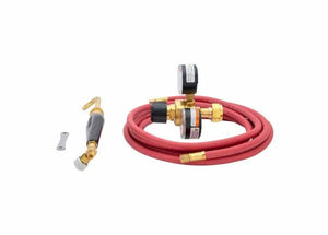 The Harris Model HSF-4 HAS-400 601-15-520A Screw Connect A hose Inferno Kit (4400092) includes a red brass-fitted gas hose, a black regulator with dual gauges, an Inferno air acetylene torch with brass valve/nozzle, and a silver wrench.