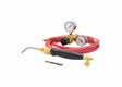 The Harris Model Hx-5MC HQA-4 601-200 Quick Connect A-Hose Inferno Kit (4400087) includes a black handle welding torch with brass tip, Inferno quick connect fittings, dual gauges, two coiled red acetylene hoses, and a flat tool on a white background.