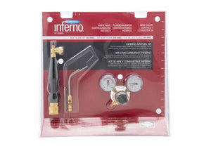 The Harris Model Hx-5MC HQA-4 601-200 Quick Connect A-Hose Inferno Kit (4400087) includes a torch handle, curved nozzle, 2 gauges, brass fittings, and an acetylene hose. Packaging shows English and Spanish info on a red and white background.