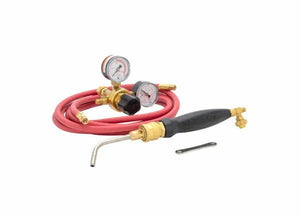 The Harris Model Hx-5MC HQA-4 601-200 Quick Connect A-Hose Inferno Kit (4400087) includes a black handle, curved metal torch tip, acetylene hose, brass regulator, two pressure gauges, and small metal tool—ideal for brazing and soldering.