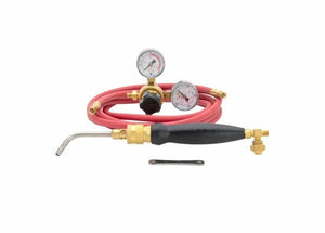 The Harris Model Hx-5MC HQA-4 601-200 Quick Connect A-Hose Inferno Kit - 4400087 features a black-handled torch, brass nozzle, dual pressure gauges, red acetylene hose for brazing/soldering, and accessory tool on a plain white background.