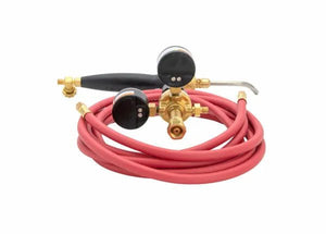 The Harris Model Hx-5MC HQA-4 601-200 Quick Connect A-Hose Inferno Kit (4400087) features a red acetylene hose coiled with a brass regulator, dual gauges, black handle torch with metal tip, all displayed against a white background.