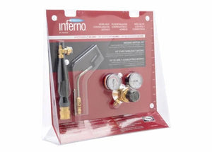 The Harris Model Hx-5MC HQA-4 601-200 Quick Connect A-Hose Inferno Kit (4400087) comes in a clear package with a black/brass torch handle, metallic nozzle, two red-base gauges, acetylene hose—great for brazing and soldering—on a red/white display.