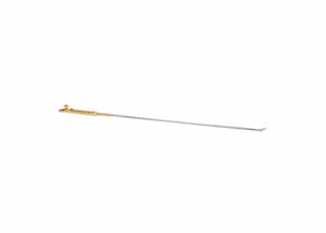 The Harris Model K-43-1 36 in. Tip Tube Heating Torch Assembly (1801350) features a narrow silver shaft, gold-colored handle with control valve, and angled nozzle—ideal for welding, cutting, or alternate fuel use in metalworking. White background.