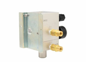 The Harris 4302063 US-S10-3 Two-Gas Blender features a metal HVAC pressure switch with a rectangular casing, two brass connectors, a black rotary knob, left-side mounting bracket, and serial numbers on a round white sticker.