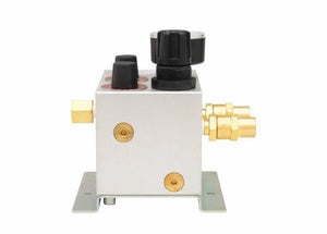 The Harris 4302063 US-S10-3 Two-Gas Blender is a metallic pneumatic control valve with a square body, brass fittings, two black knobs on top, and a flat base with screw holes for secure mounting in gas mixing systems.