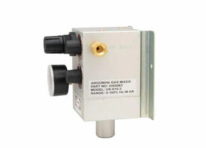The Harris 4302063 US-S10-3 Two-Gas Blender is a rectangular metallic helium-argon mixer with two black control knobs, a small gauge, gold connector, and variable ratio from 0–100% He in Ar, mounted on a metal bracket.