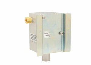 The Harris 4302063 US-S10-3 Two-Gas Blender is a rectangular metal gas valve with a brass connector on the left, cylindrical outlet below, front metallic mounting plate, side product info, and white sticker labeled 0123 128022.