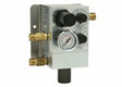 The Harris Model US-S10 Ar/CO2 Gas Blender - 4302053 features a rectangular silver housing with brass fittings, black knobs, labeled dials, ports, and a circular pressure gauge for precise regulation of AR/CO2 gas flow.