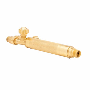 A Harris Model V-100C brass combination torch handle with a knurled grip, control knob on top, and threaded connectors at both ends—ideal for welding and cutting—isolated on a white background.