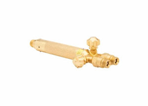 A brass Harris Model V-100C combination torch handle with textured grip and three control valves, used for regulating gas flow in welding and cutting applications, isolated on a white background.