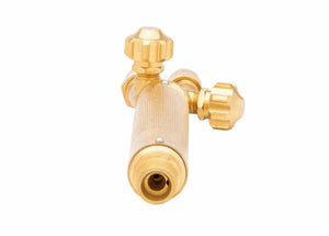 A close-up view of a brass gas regulator with three control knobs, ideal for welding and cutting applications, placed against a white background.