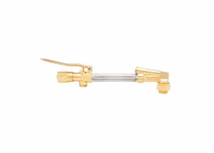 A brass and clear glass water faucet adapter with a lever handle, designed for durability, reminiscent of the robust construction found in heavy duty cutting attachments, shown on a plain white background.