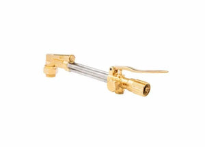 A brass and steel oxy-acetylene cutting torch with a long handle, low pressure injector, and control valve, compatible with all fuel gases; features a Harris cutting attachment. Photographed on a white background.