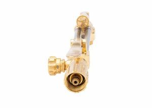 Close-up view of a brass and metal Harris cutting attachment gas welding torch nozzle, compatible with all fuel gases, photographed from the front against a white background.