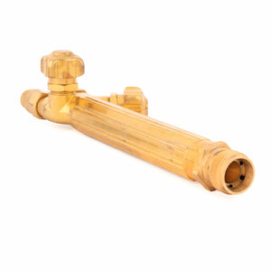 A Harris Model V-315C combination torch handle with a large adjustment knob and integrated check valves, featuring connectors on both ends, shown isolated on a white background.