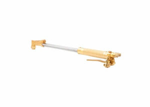 Harris 1004303 V-62-5EL hand cutting torch for welding, heavy-duty brass/silver body, control knobs, long handle on white background.