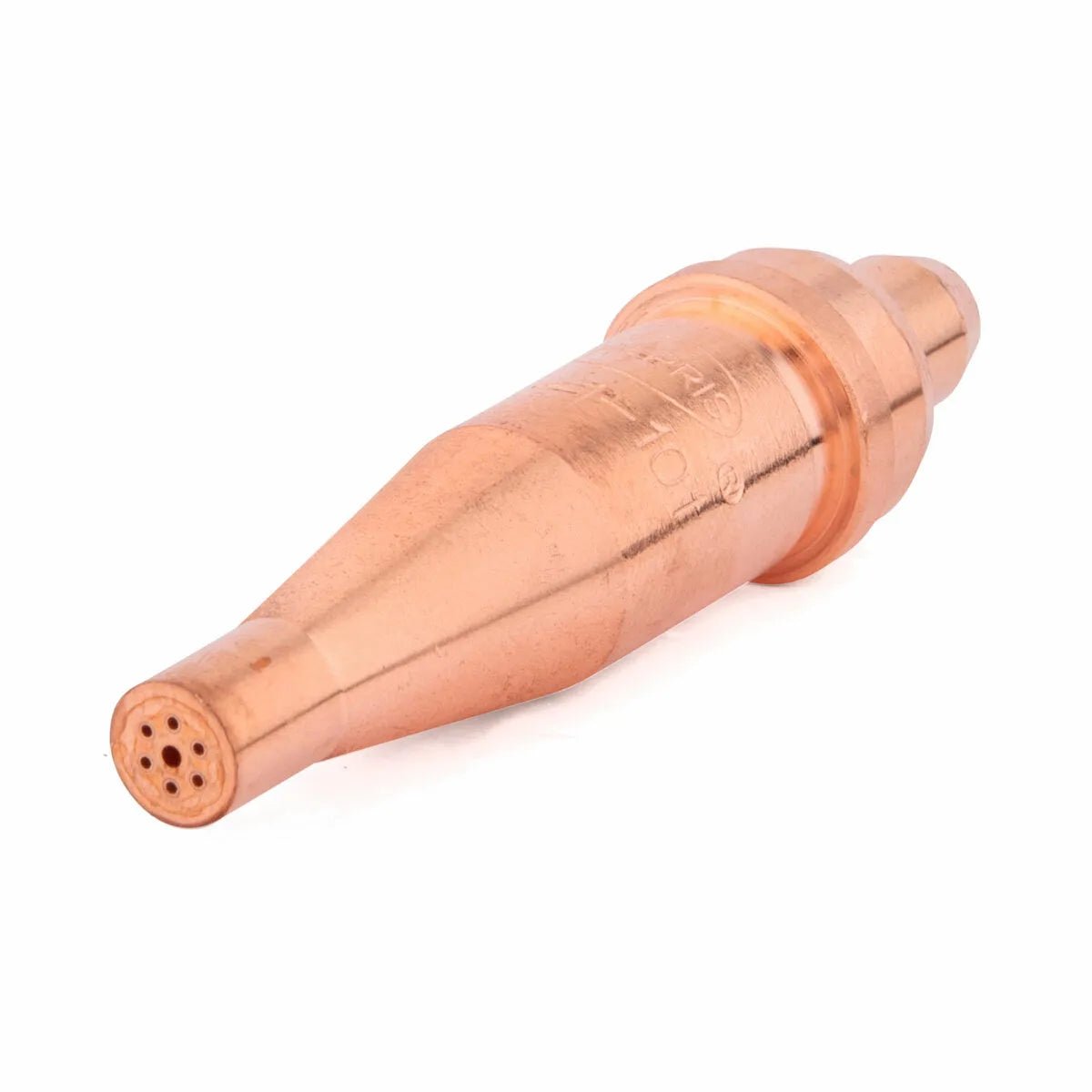 Harris V3-101-4 copper hand cutting tip (1502086) for welding torches, tapered with small holes, on white background.