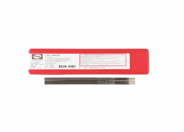 A red plastic box labeled Harris Nic L Weld 59 Nickel Welding Rod 1/8 X 10 Box Nlw5960 sits on a white background with four black cast iron welding rods aligned in front; the label features text and a barcode.