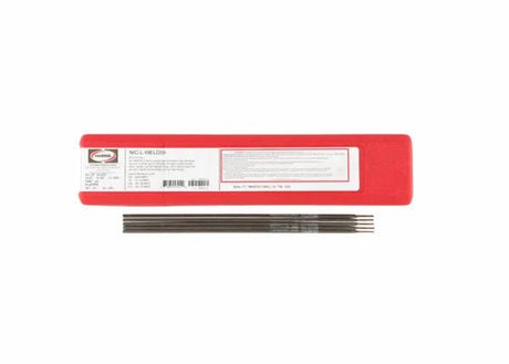 A red plastic box labeled Harris Nic L Weld 59 Nickel Welding Rod 1/8 X 10 Box Nlw5960 sits on a white background with four black cast iron welding rods aligned in front; the label features text and a barcode.