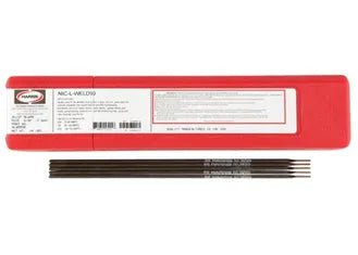 A red rectangular plastic case labeled Harris Nic L Weld 99 Nickel Welding Rod 99 3/32 X 10 Box Nlw9950 contains high nickel alloy welding electrodes. Three black rods with silver tips and a white instruction label are on display.
