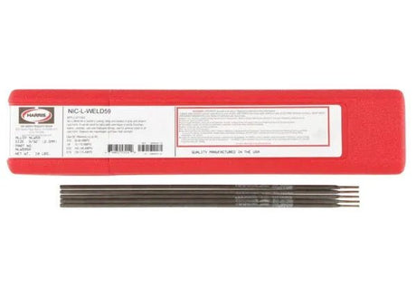 A red rectangular plastic box labeled Harris Nic L Weld 59 Nickel Welding Rod 59 5/32 X 10 Box Nlw5970 sits on a white surface, with four thin, dark nickel welding rods arranged parallel in front.