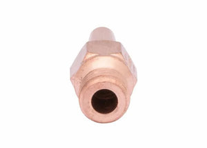 A close-up view of a brass hexagonal nozzle fitting with a threaded end, similar to an Oxy-acetylene welding tip, shown against a white background.