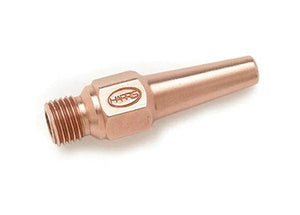 A copper Oxy-acetylene welding tip with a threaded end and a conical nozzle, featuring the Harris brand logo engraved on the hexagonal middle section.