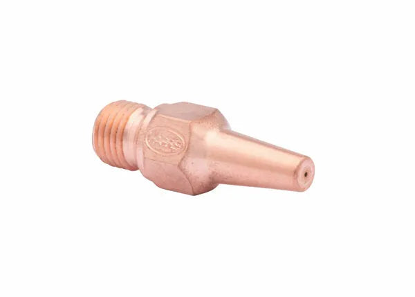 A Harris 1390 Oxy-acetylene welding tip, crafted from tellurium copper, features a threaded end and tapered nozzle, shown against a white background.