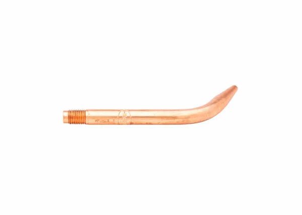 A tellurium copper acetylene welding tip with a threaded base and a curved nozzle, isolated on a white background.
