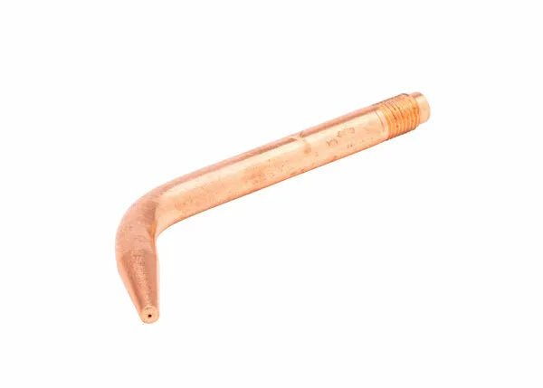 A tellurium copper welding tip with a threaded end and a curved, angled nozzle, compatible as a Harris 5090 acetylene welding tip, isolated on a white background.