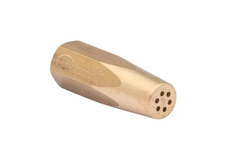 A small brass Oxy-acetylene welding tip with a hexagonal body and six circular holes at one end, used as a spray tip or jet component, isolated on a white background.