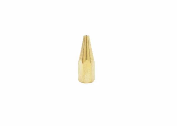 A small, gold-colored, hexagonal metal nozzle or Harris 8490 brazing tip with a narrow opening at the top, isolated on a white background.
