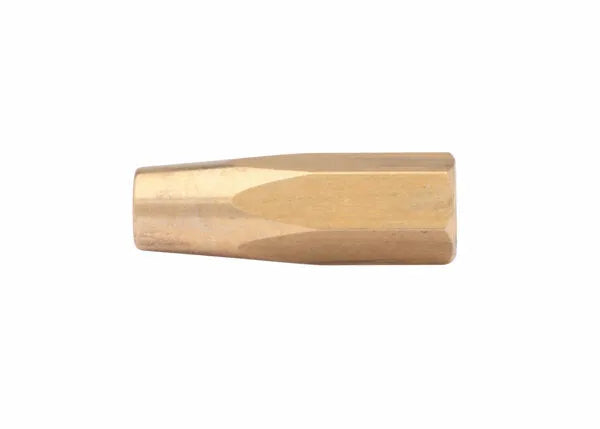 A brass hexagonal coupling nut with a tapered end, compatible with Harris 8490 Oxy-acetylene welding tip, shown against a white background.