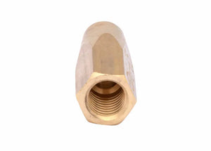 A hexagonal brass coupling nut with internal threads, compatible with an oxy-acetylene welding tip such as the Harris 8490, shown on a white background.