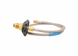Harris Pigtail 6FT PTFE Lined 1/4NPTF 9005807, brass fittings, black knob, blue label—welding supply coiled on white.